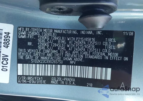 2009 Toyota Sienna Le z USA, uszkodzony, nr VIN 5TDZK23CX9S265750